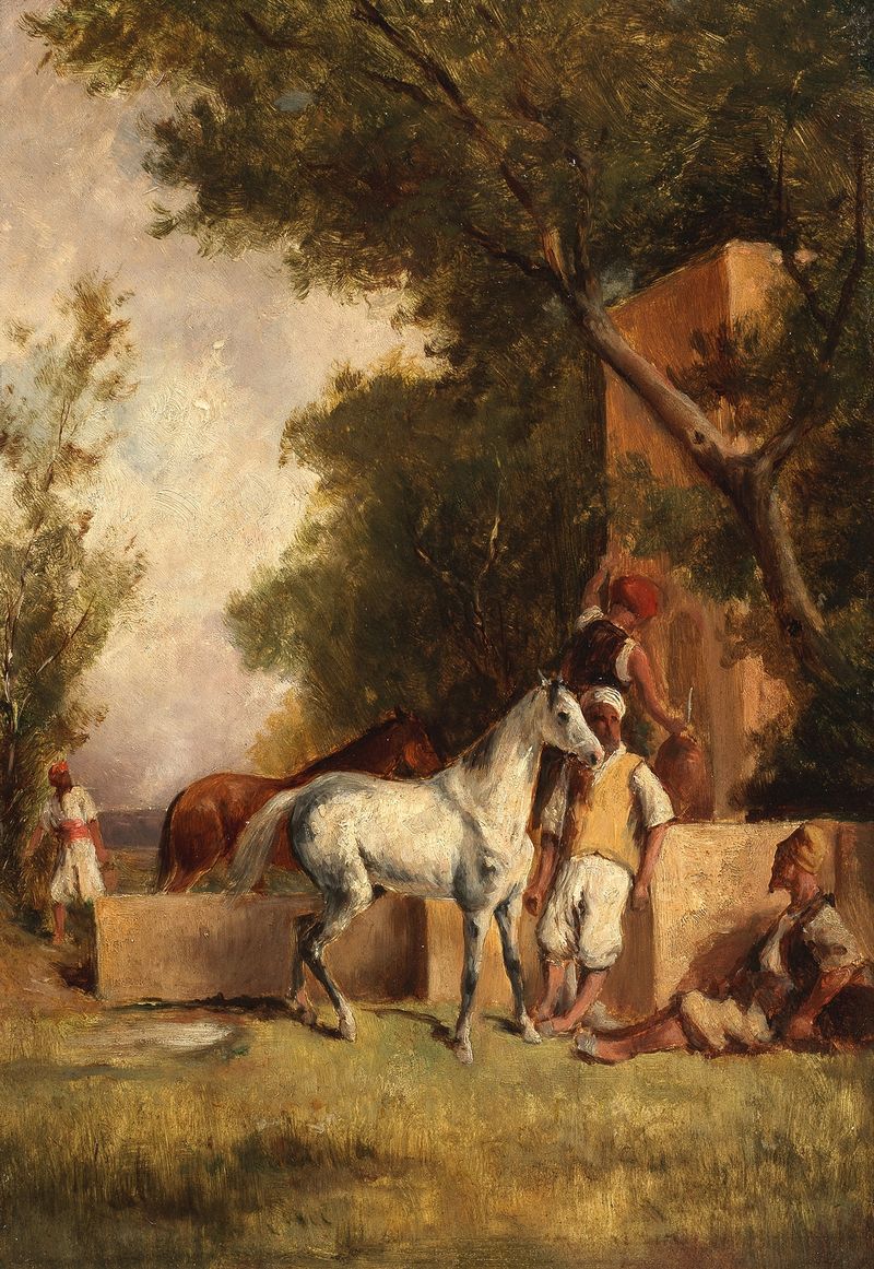 A halt at the fountain by Eugène Fromentin, oil painting depicting figures around a fountain.