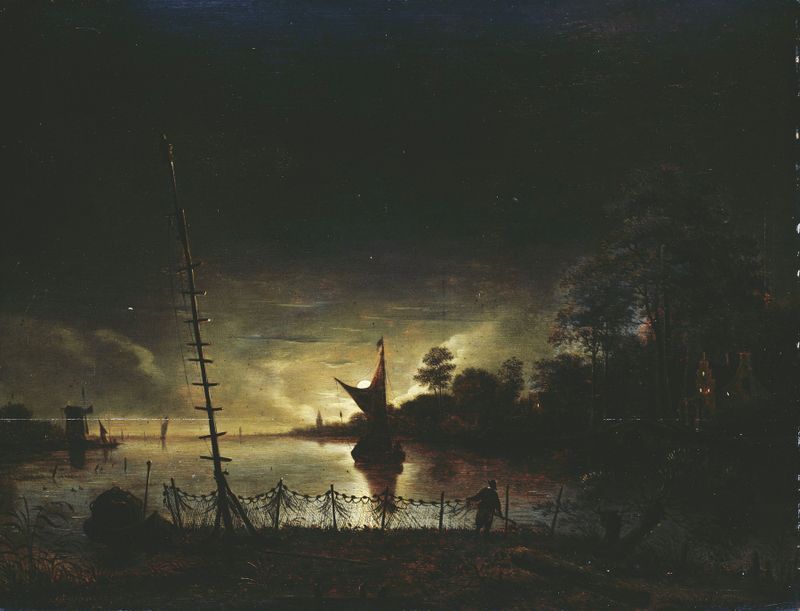 Moonlit landscape oil painting by Anthonie van Borssom depicting serene waters and moonlight.