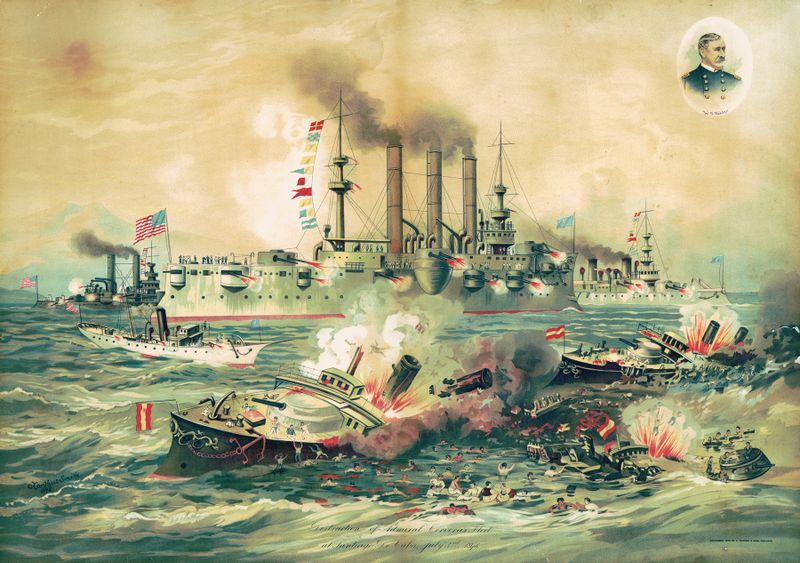 Cena de batalha naval retratando a destruição da frota do almirante Cervera, pintura a óleo, artista desconhecido