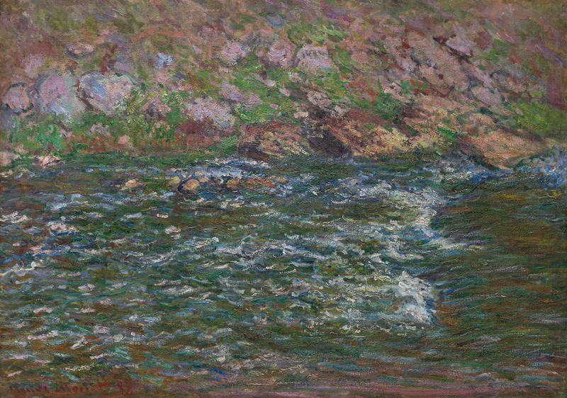 Rapids on the Petite Creuse at Fresselines de Claude Monet, óleo sobre lienzo que representa agua en movimiento y árboles