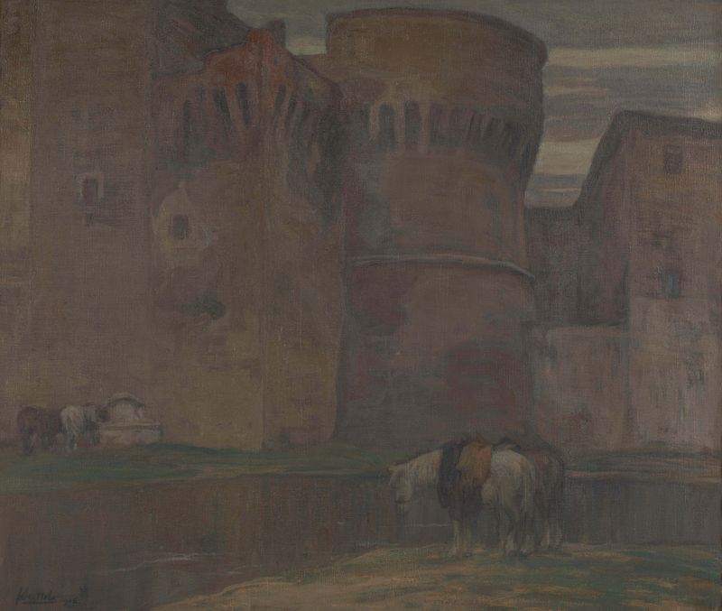 A Castle in Umbria de Ferruccio Scattola, óleo sobre lienzo que muestra un castillo rodeado de colinas.