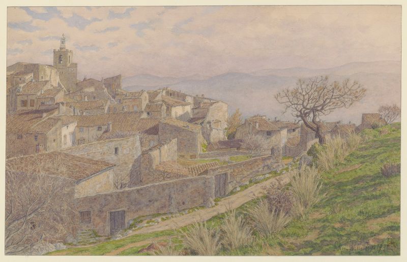 Solliès-Ville de Henri Rivière, aquarela sobre papel que retrata uma paisagem de vila iluminada pelo sol.