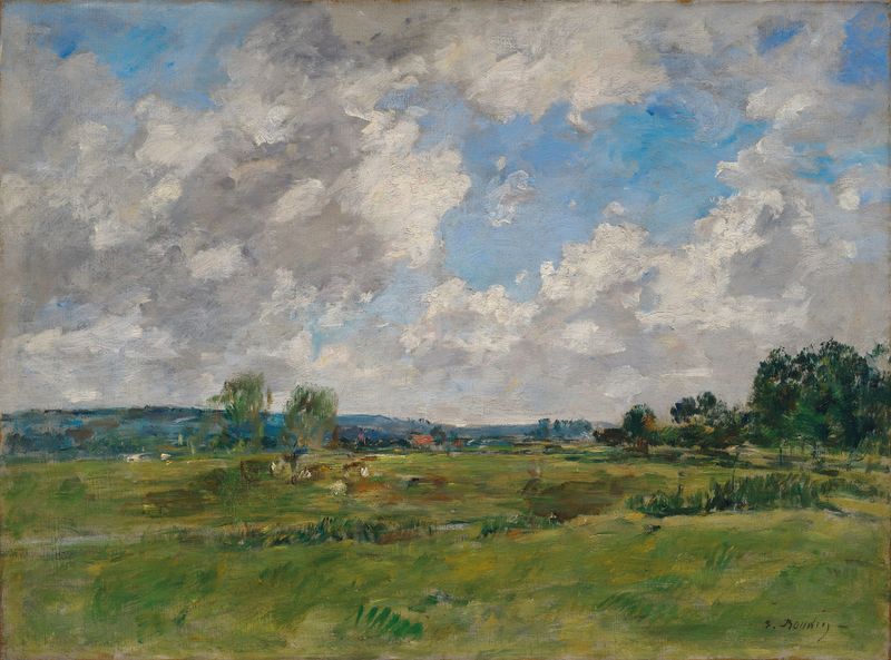 Paisagem de La vallée de la Touques por Eugène Boudin, óleo sobre tela