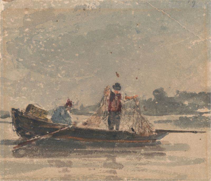 Pescadores puxando uma rede, aquarela sobre papel de David Cox