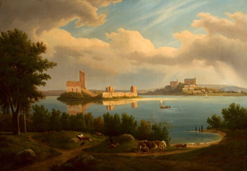 Trakai by Chrystian Breslauer, oil on canvas depicting a tranquil landscape with a lake and castle.