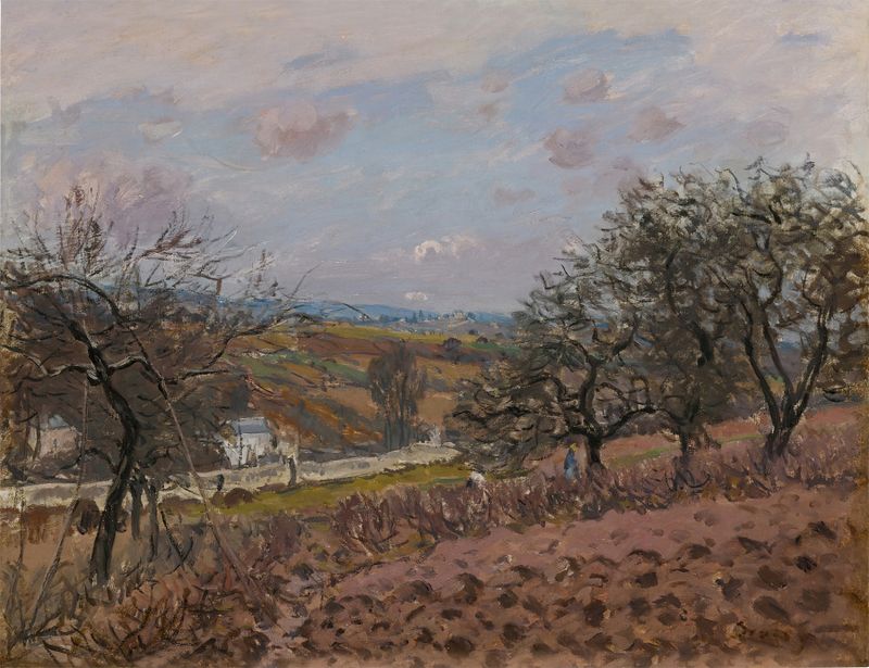 Pintura a óleo de paisagem de Alfred Sisley com um rio, árvores e uma aldeia.