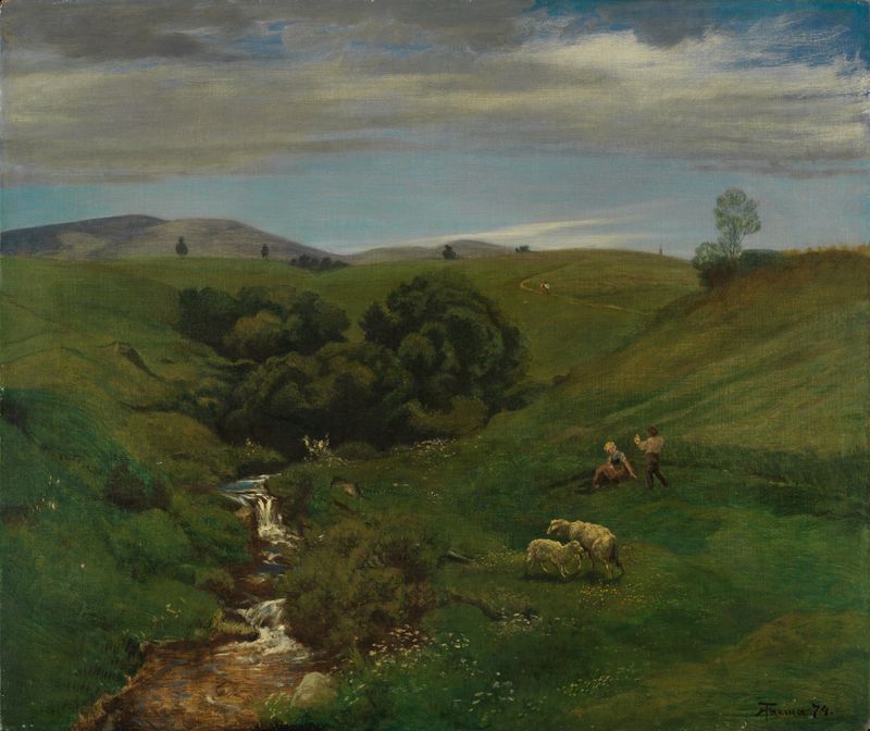 Schwarzwaldwiese de Hans Thoma, óleo sobre tela que retrata uma cena tranquila de floresta com luz filtrada.