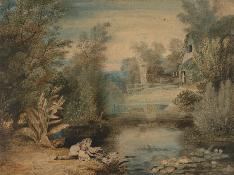 Escena de género de un padre alimentando patos, dibujada por Thomas Baxter en 1805.