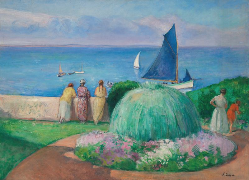 La voile bleue, Préfailles de Henri Lebasque, óleo sobre lienzo que representa una vela en el océano.