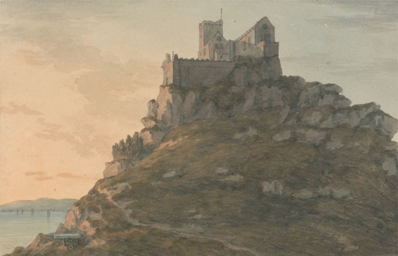 Acuarela de John Warwick Smith que representa Saint Michael’s Mount, Cornwall con mar tempestuoso.