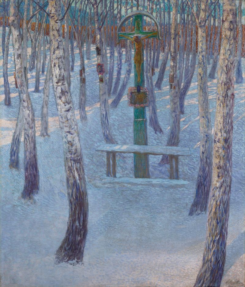 Waldandacht by Hugo Baar, oil on canvas, features a cloaked figure in a serene grove.