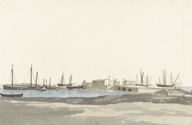 Haven van Barletta met schepen de Abraham-Louis-Rodolphe Ducros, acuarela sobre papel que muestra un puerto sereno.