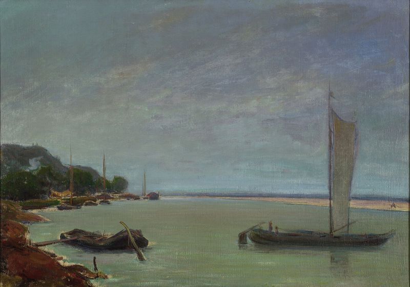 Boat with sails up, oil on canvas by Władysław Ślewiński, depicting a tranquil marine scene.