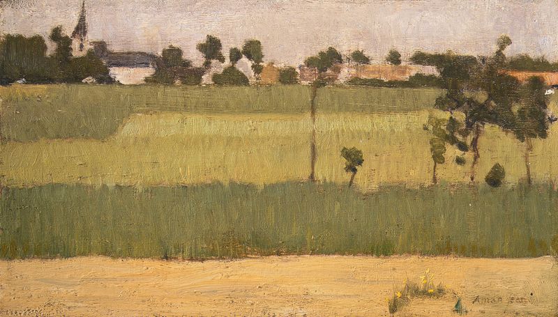 Las Afueras de un Pueblo de Edmond Francois Aman-Jean, óleo sobre lienzo que representa un paisaje vibrante.