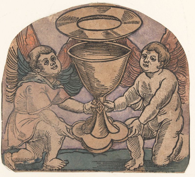 Dois anjos com um cálice, Renascimento do Norte, Unknown Artist, pintura a óleo