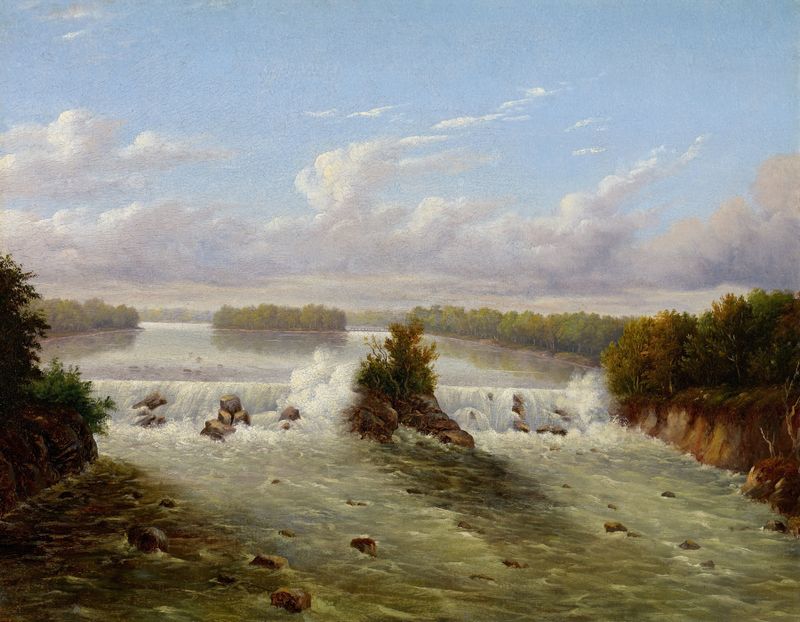 Waterfall scene by Seth Eastman, oil painting of cascading waters and lush foliage.