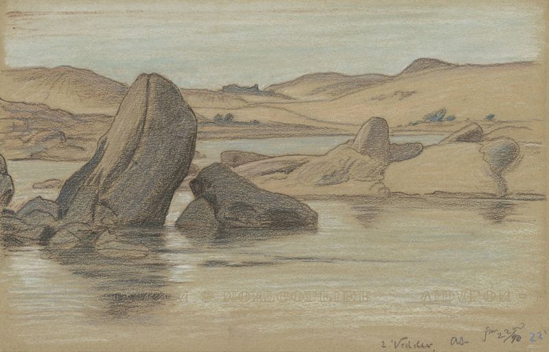 Nile Journey, No. 22 by Elihu Vedder, oil on canvas depicting a landscape with sand and a luminous sky