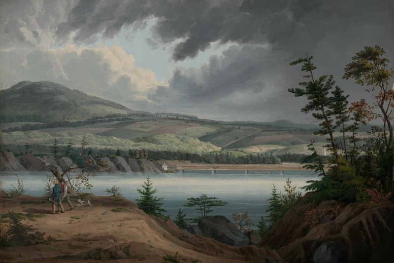 View of Cohoes by John William Hill, watercolor on paper depicting a waterfall and lush landscape.