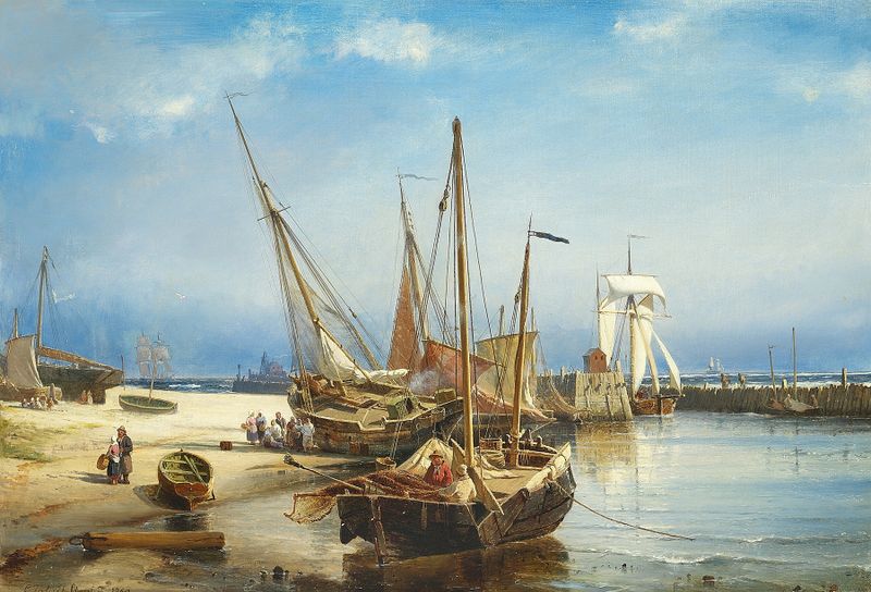 Marine scene with crashing waves and boats by Carl Frederik Sørensen, oil on canvas