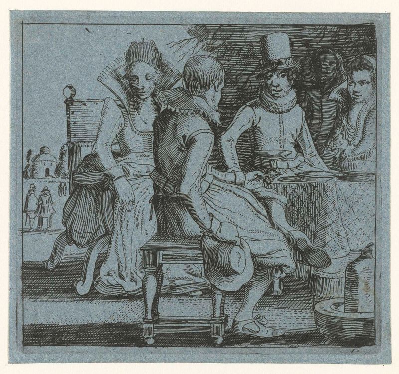 Genre scene etching by Unknown Artist depicting five figures around a table on a terrace