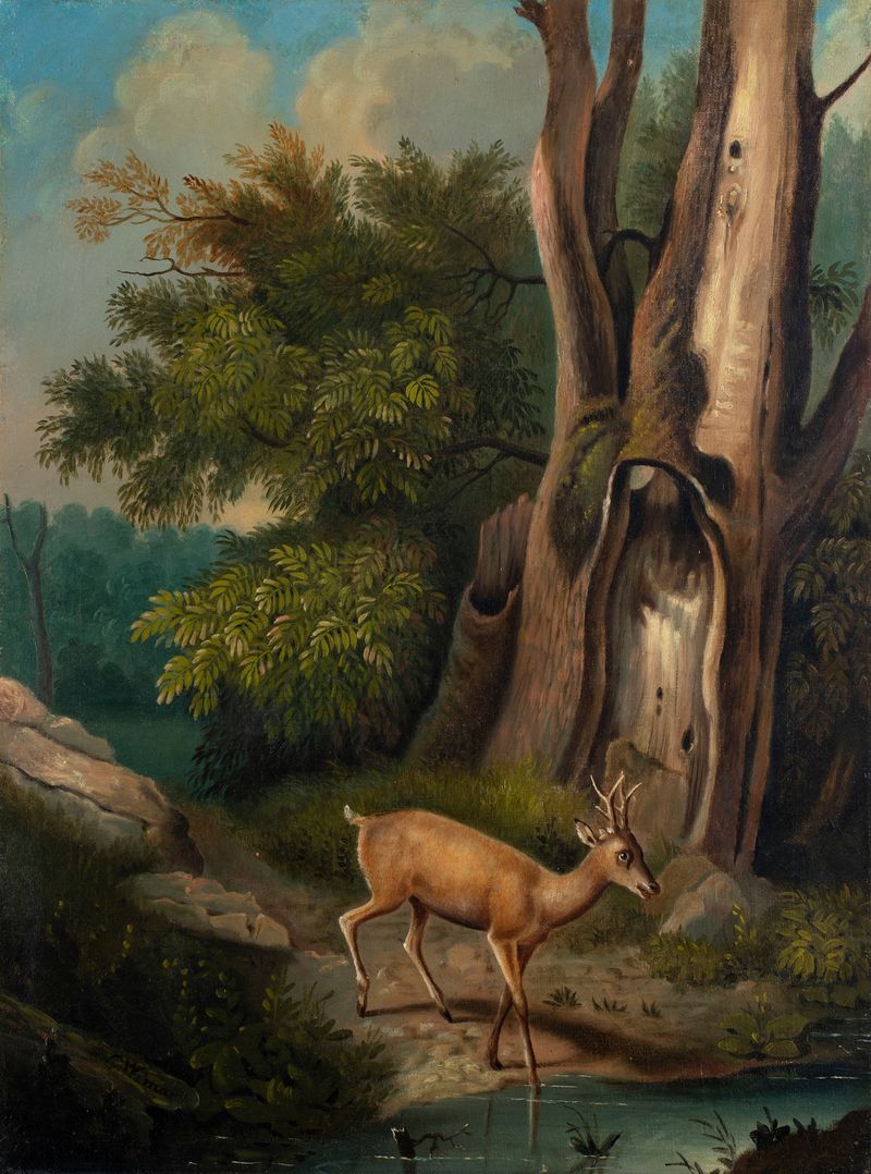 Una escena woodland con un ciervo, pintura al óleo de Charles Ferdinand Wimar