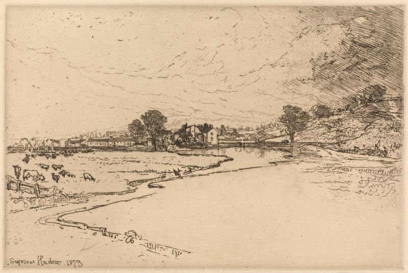 Grabado de Sawley Abbey de Francis Seymour Haden, mostrando ruinas intrincadas y paisaje.