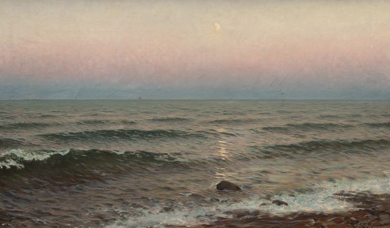 Evening by the Shore, óleo sobre tela de Wilhelm Jaensson, retratando uma costa tranquila ao entardecer.