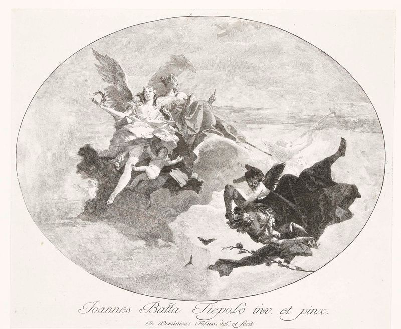 Etching by Giovanni Domenico Tiepolo depicting virtue confronting greed.