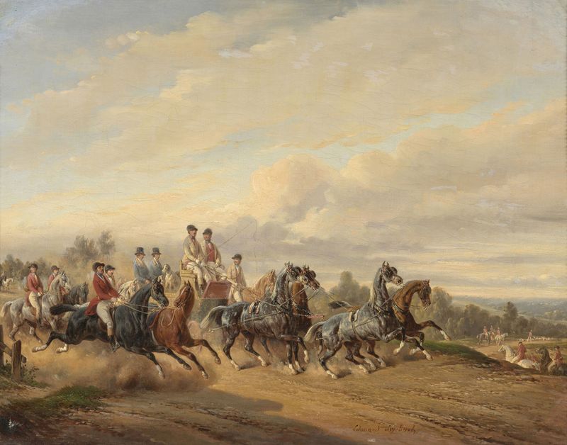Pintura de paisagem a óleo de Bernard Edouard Swebach retratando o crepúsculo e a solidão.