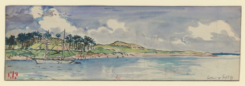 Loguivy de Henri Rivière, acuarela sobre papel que representa olas tumultuosas y un paisaje marino.