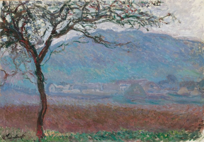 Champ À Giverny de Claude Monet, pintura al óleo que muestra un campo vibrante con flores silvestres.
