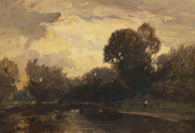Landscape by Ludwig Willroider, depicting a river and lush greenery, oil painting