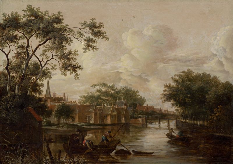 Paisagem de uma aldeia à beira de um rio, óleo sobre tela de P. van Mase