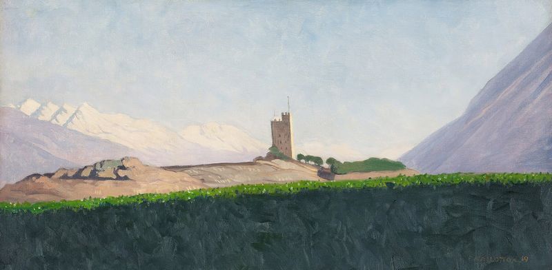 La Torre de Goubing de Félix Vallotton, óleo que representa una torre al anochecer.