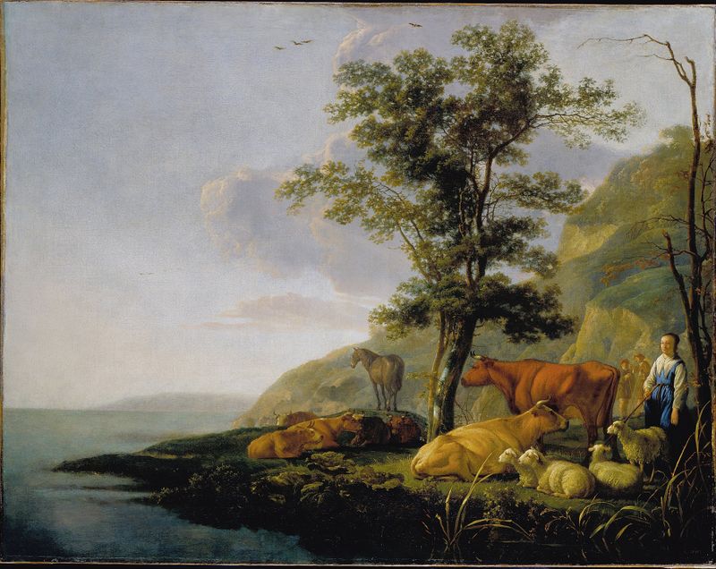 Cattle near a River, pintura a óleo de Aelbert Cuyp, com vacas pastando ao lado de um rio.