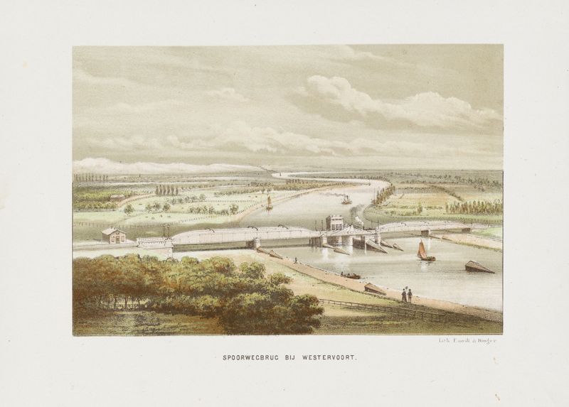 Landscape with a railway bridge over a river, oil painting by Emrik & Binger