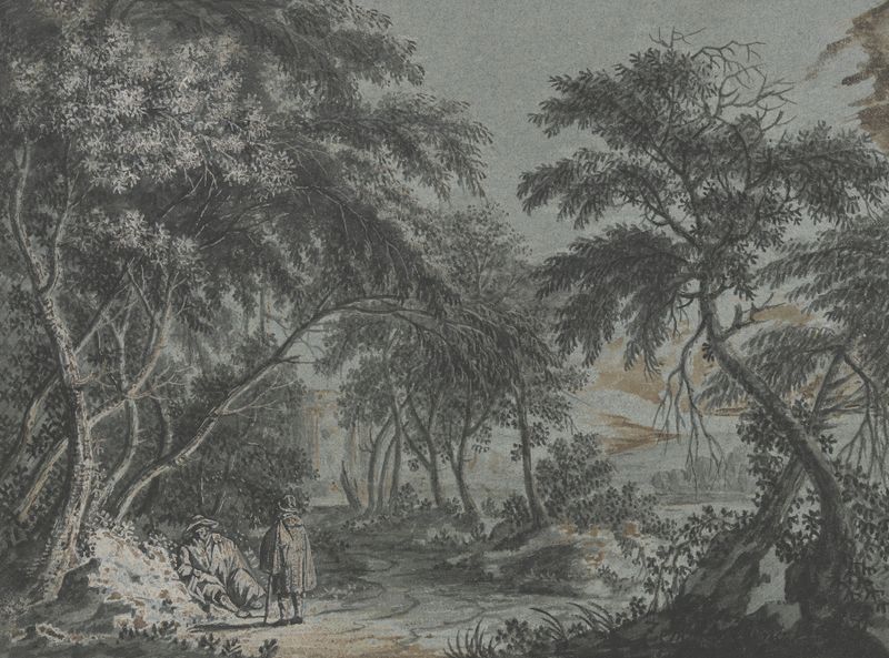 Genre scene depicting two wanderers resting in a forest by Johann Caspar Zehender