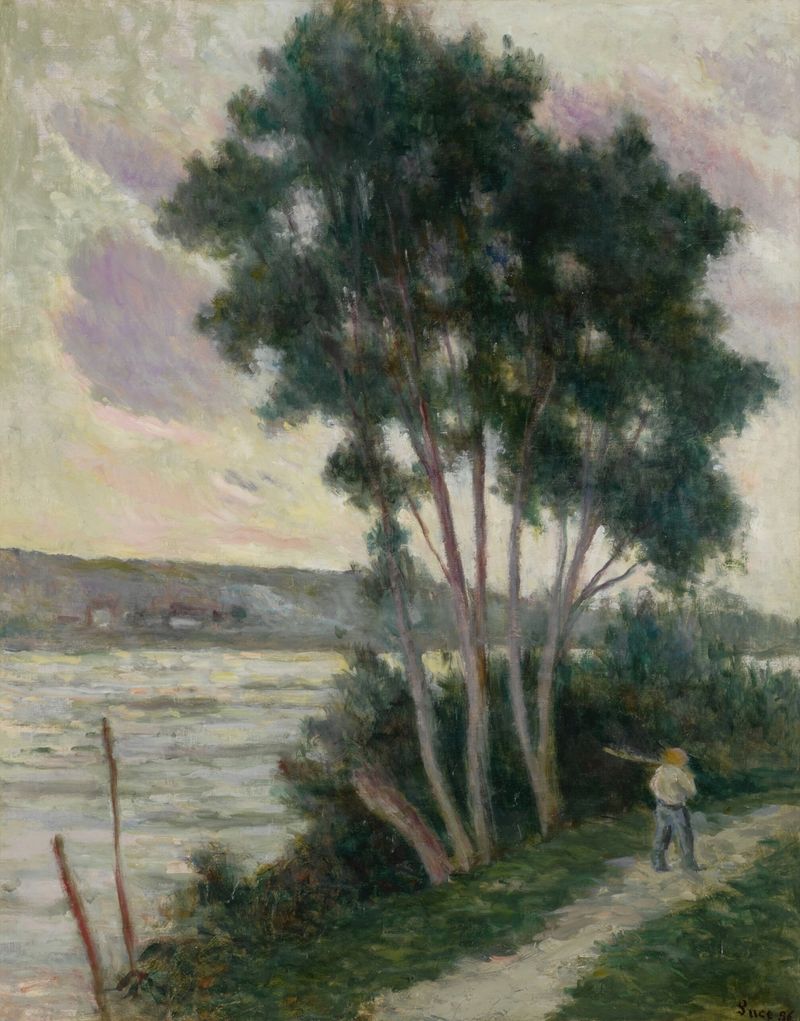 Pintura a óleo Pós-Impressionista de Maximilien Luce, retratando um rio e um caminho sob a luz do sol filtrada.