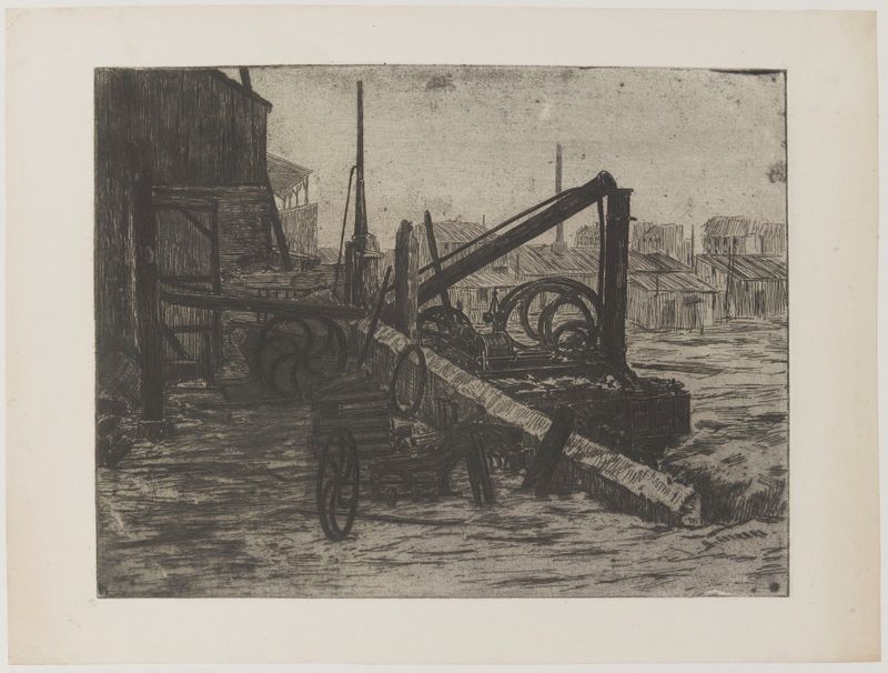 Gravura de Henri-Charles Guérard mostrando a silhueta de uma fábrica contra um céu sombrio.