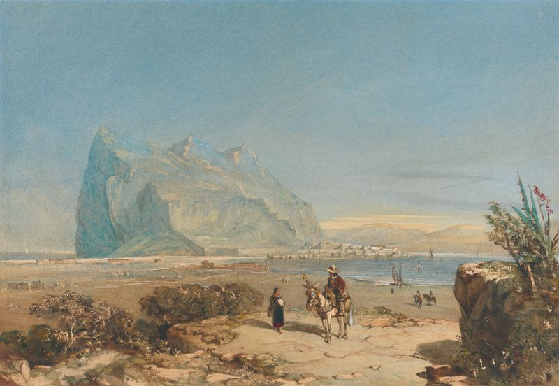 Marine scene depicting Gibraltar by William Wyld, oil painting