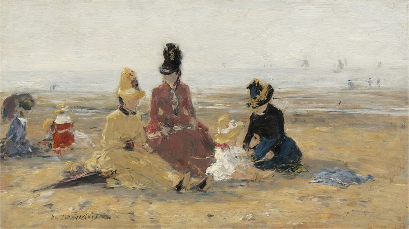 Óleo sobre tela de Eugène Boudin retratando uma cena de praia com ondas e luz do sol.