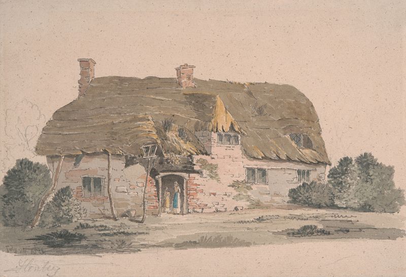 Thatched Cottage near Henley de John Baverstock Knight, pintura al óleo que representa un paisaje sereno.