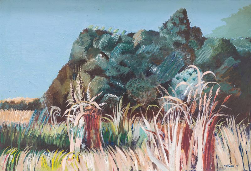 Paisaje de Post-Impresionismo por Tiit Pääsuke, con verdes y marrones apagados.