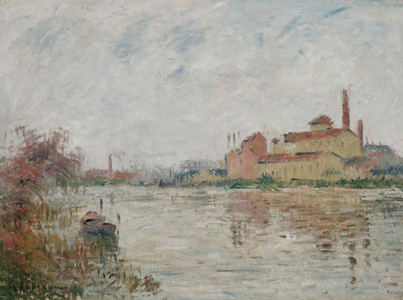 L’Usine au bord de la rivière, pintura al óleo de Gustave Loiseau, que representa una orilla de río con una fábrica.