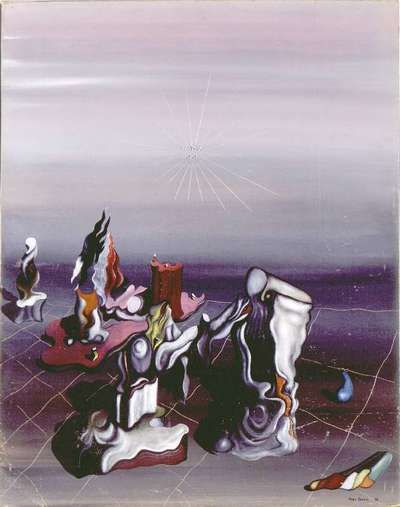 Pintura abstrata a óleo de Yves Tanguy com formas ondulantes e um fundo etéreo