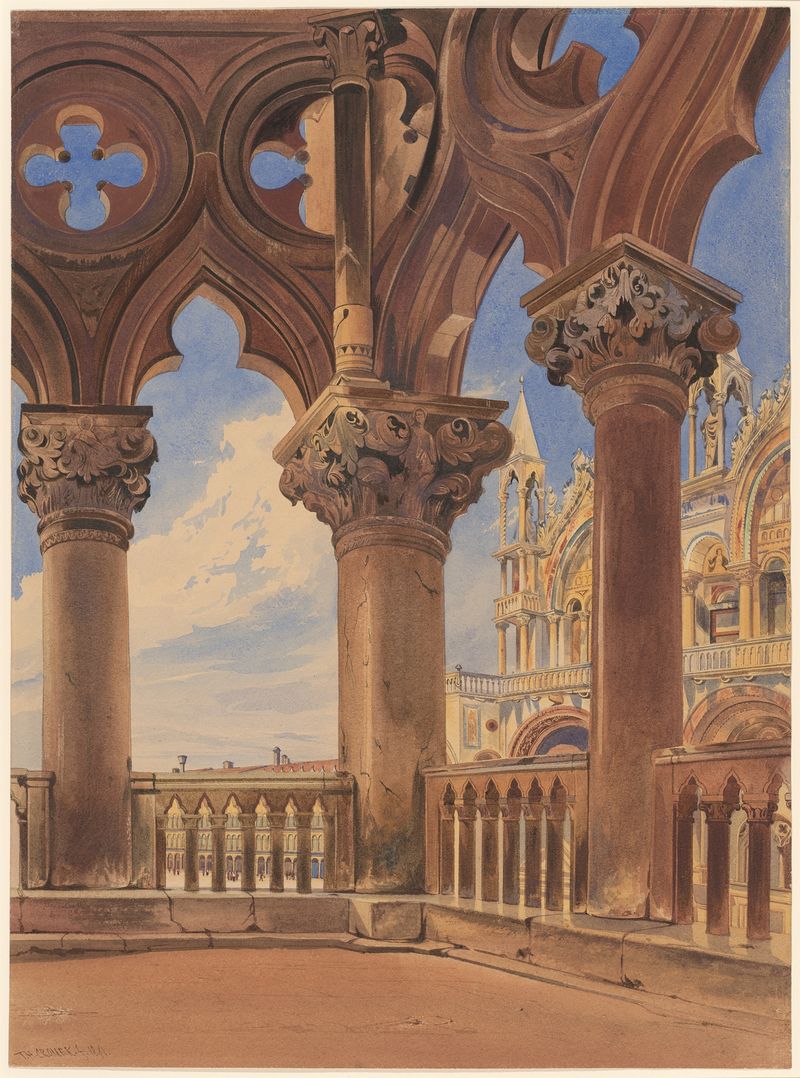 St. Marks Square from the Doges Palace oil painting by Thomas Hartley Cromek, featuring figures and architecture.