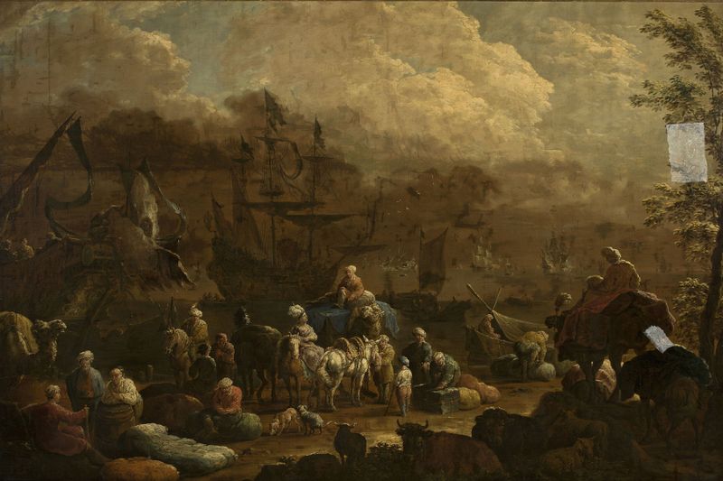 Cena marinha com barcos ao amanhecer de Hendrik van Minderhout, pintura a óleo