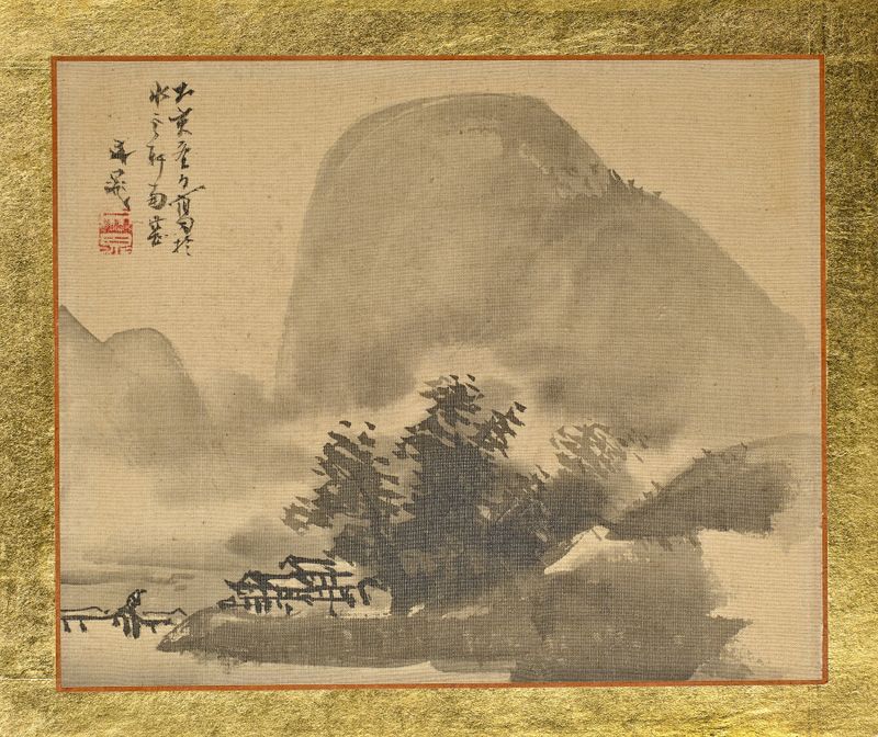Ukiyo-e by Tani Bunchō depicting a house near a grove and shore in mist