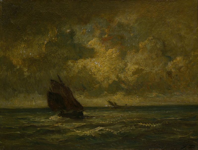 Dos Barcos en una Tormenta de Jules Dupré, óleo sobre lienzo que muestra barcos luchando contra un mar tempestuoso