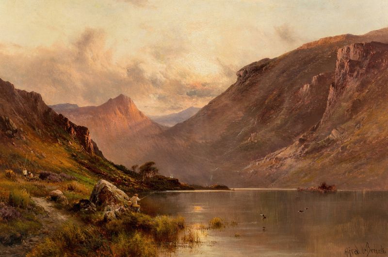 Paisagem do Loch Awe com montanhas e céu de Alfred de Bréanski, pintura a óleo.